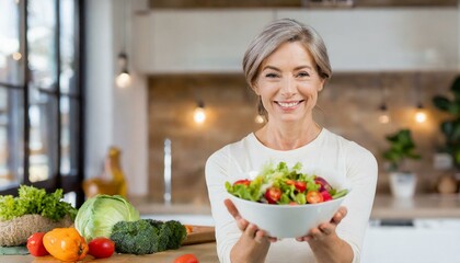 Aged woman smiling happily and holding a healthy vegetable salad bowl on blurred kitchen background, with copy space 