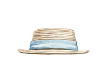 Cute Vintage Straw Hat With Blue Ribbon Isolated On White Background. Watercolor Hand Drawn Illustration Sketch