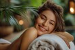 Joyous young woman relaxing at a spa, exuding happiness and tranquility