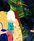 Fototapeta Na ścianę - Trzy obejmujące się kobiety odwrócone tyłem na tle pięknej kolorowej roślinności.