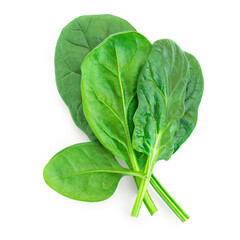 Wall Mural - Spinach leaves isolated on white background. Pile of fresh green Espinach Macro. Top view. Flat lay..