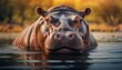  a close up of a hippopotamus in a body of water with trees and bushes in the background.