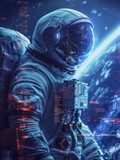Fototapeta  - Space exploration dashboard showcases astronaut data, mission stats in neon blue, emphasizing exploration tech.