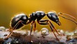  a close up of a black ant with drops of water on it's back legs and a yellow background.