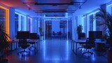 Fototapeta  - Tech startup office features minimalistic furniture, blue neon lighting, fostering creativity in the atmosphere.