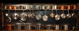 Fototapeta Londyn - shiny stainless steel pots and pans in a professional restaurant kitchen setting