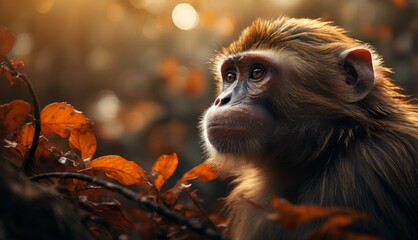 Poster -  a close up of a monkey on a branch with leaves in the foreground and a bright light in the background.