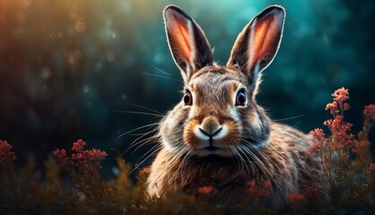 Wall Mural -  a close up of a rabbit in a field of flowers with a blurry background of grass and red flowers.