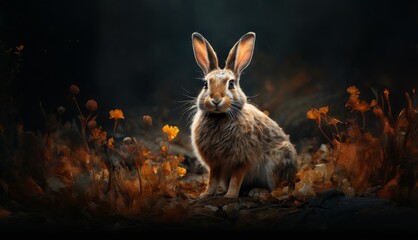 Wall Mural -  a digital painting of a rabbit sitting in the middle of a field of wildflowers in front of a dark background.