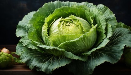 a head of lettuce sitting on top of a wooden table next to two heads of lettuce.