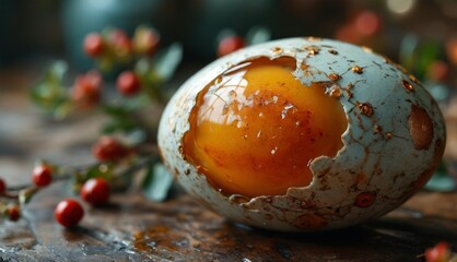 Canvas Print -  a cracked egg sitting on top of a wooden table next to a bunch of leaves and a red berry on the other side of the egg.