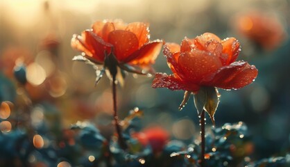  a close up of two flowers with water droplets on it's petals and a blurry background of water droplets on the petals.