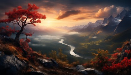 Canvas Print -  a painting of a mountain scene with a river in the foreground and a red tree in the foreground.