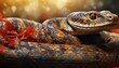  a close up of a snake on a branch with a flower in the foreground and a blurry background.
