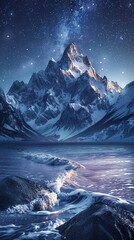 Wall Mural - Picturesque landscape of mountain ridge near wavy sea under starry sky at night
