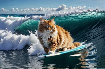 Wall Mural - A cat is surfing on a yellow surfboard in the ocean