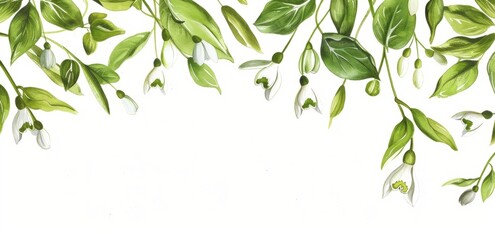 Wall Mural - A white background with green leaves and snowdrops creating an elegant spring banner design Generative AI