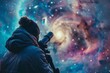A man with a telescope gazing at a colorful galaxy.