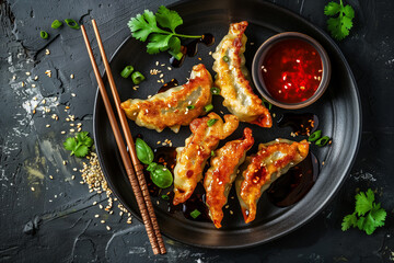 Wall Mural - Asian food Gyoza or Jiaozi fried dumplings served with soy sauce, shriracha sauce and sesame seeds on black concrete background, top view