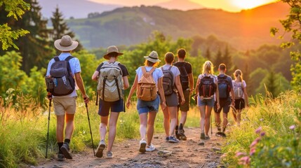 Wall Mural - Adventurous hikers exploring mountain trails at sunset in summer, enjoying outdoor trekking journey.