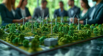 Miniature green city with modern future turbine electricity concept. An environmentally friendly green city with wind turbines generating energy from the wind.