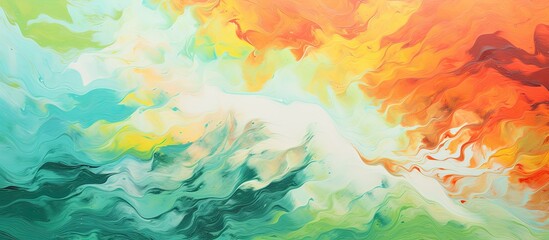 Canvas Print - A vibrant painting of a natural landscape with colorful cumulus clouds displayed on a wall, showcasing the artists use of bold patterns and colors in their visual arts