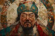 Genghis Khan depicted as a legendary Mongol leader and conqueror in ornate headdress and traditional attire