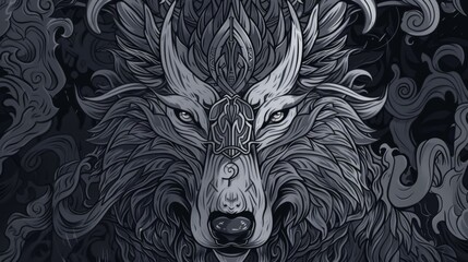 Monochrome line art illustration of Fenrir, the Viking wolf god in Norse mythology