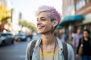 Sticker - Non-binary LGBTQ female smiling happy on a street