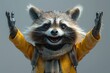 A cartoon character in the form of a happy raccoon on a gray background. 3d illustration