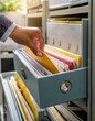 hand is shown pulling a file from an organized open filing cabinet drawer filled with labeled folders in an office setting