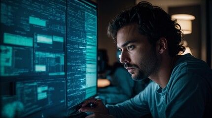 analyzing glowing data on computer screen with intense focus