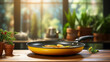 A bright yellow frying pan with cooked vegetables stands on a wooden table against the backdrop of a cozy kitchen with many green plants, in warm sunlight. Comfort and naturalness