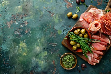 Top view of gourmet prosciutto assorted olives and fresh chives served on a rustic wooden board with green textured backdrop