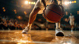 Fototapeta Sport - Basketball player is holding basketball ball on a court, close up photo