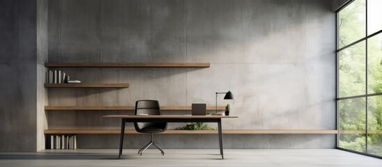 Poster - Inside the building, there is a wooden desk and chair placed near a large rectangular window. The hardwood flooring complements the rooms artistic decor