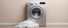 Washing Machine With Pile Of Clothes And Foam As Wide Banner For Buying New Washing Machine Or Household Work With Copy Space Area -  