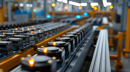 Wall Mural - mass production assembly line of electric vehicle battery cells close-up view