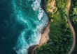 Nature's Palette: Shoreline Aerial - A breathtaking drone view captures where the lush tropical foliage fringes the crystal-clear turquoise waters of an undisturbed beach