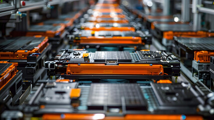 Wall Mural - mass production assembly line of electric vehicle battery cells close-up view