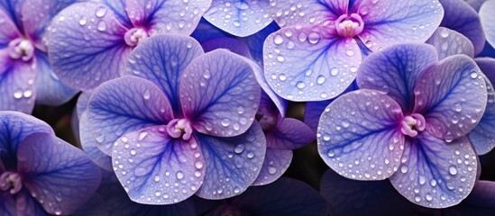 Poster - A cluster of vibrant purple flowers covered in glistening water drops, showcasing the beauty of this terrestrial plants violet petals against a backdrop of blue liquid