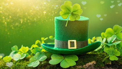 saint Patrick's Day green hat with four clover leaves. Green leprechaun hat in green clover.