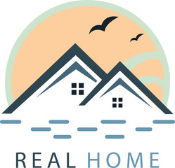 Wall Mural - Abstract Wave And House Home Logo Design. Creative and Modern Beach property logo design.