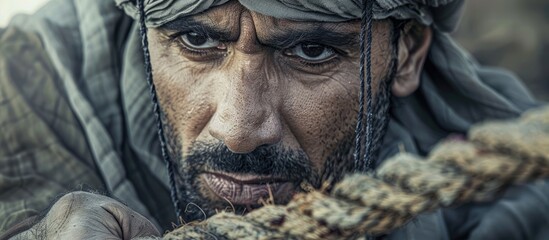 Poster - A closeup photo capturing the jawline and facial hair of a bearded man holding a rope, resembling a fictional character from a historical movie. Details include wrinkles, eyelashes, and a hat