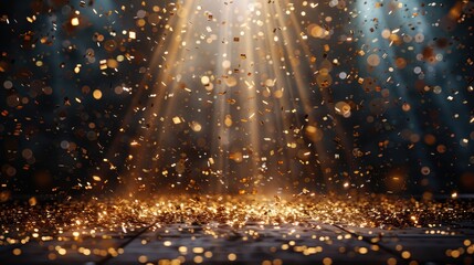 Golden Shower of Confetti on Festive Stage with Light Beam: Perfect for Award Ceremonies, Jubilees, and New Year's Parties!