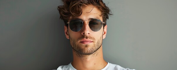 Wall Mural - Serious young man with trendy sunglasses looking at camera while standing on gray background in studio.