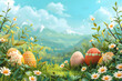 Happy Easter background with message, eggs, and nature scene