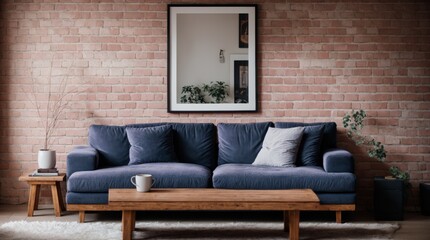 Wall Mural - Inviting Interior Design Relaxing Blue Sofa Exposed Brick Wall Artwork 