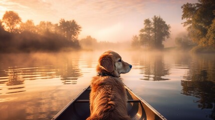 Wall Mural - boat on the river with golden retriever