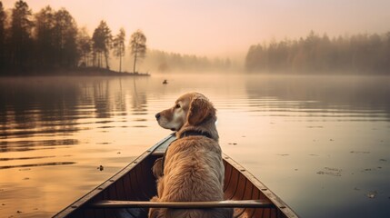 Wall Mural - golden retriever in the lake, seat on the boat. 